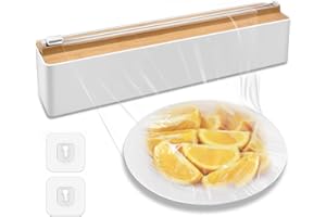 SKYXIU Plastic Wrap Dispenser with Cutter,Reusable Plastic Food Wrap Dispenser,Magnetic Cling Film Dispenser with 2 Sticky Hooks,Tin Aluminum Foil Dispenser with Slide Cutter