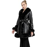 AOWITH Winter Warm Faux Fur Leather Collar Jacket for Women Long Sleeve Coat With Pockets and Belt