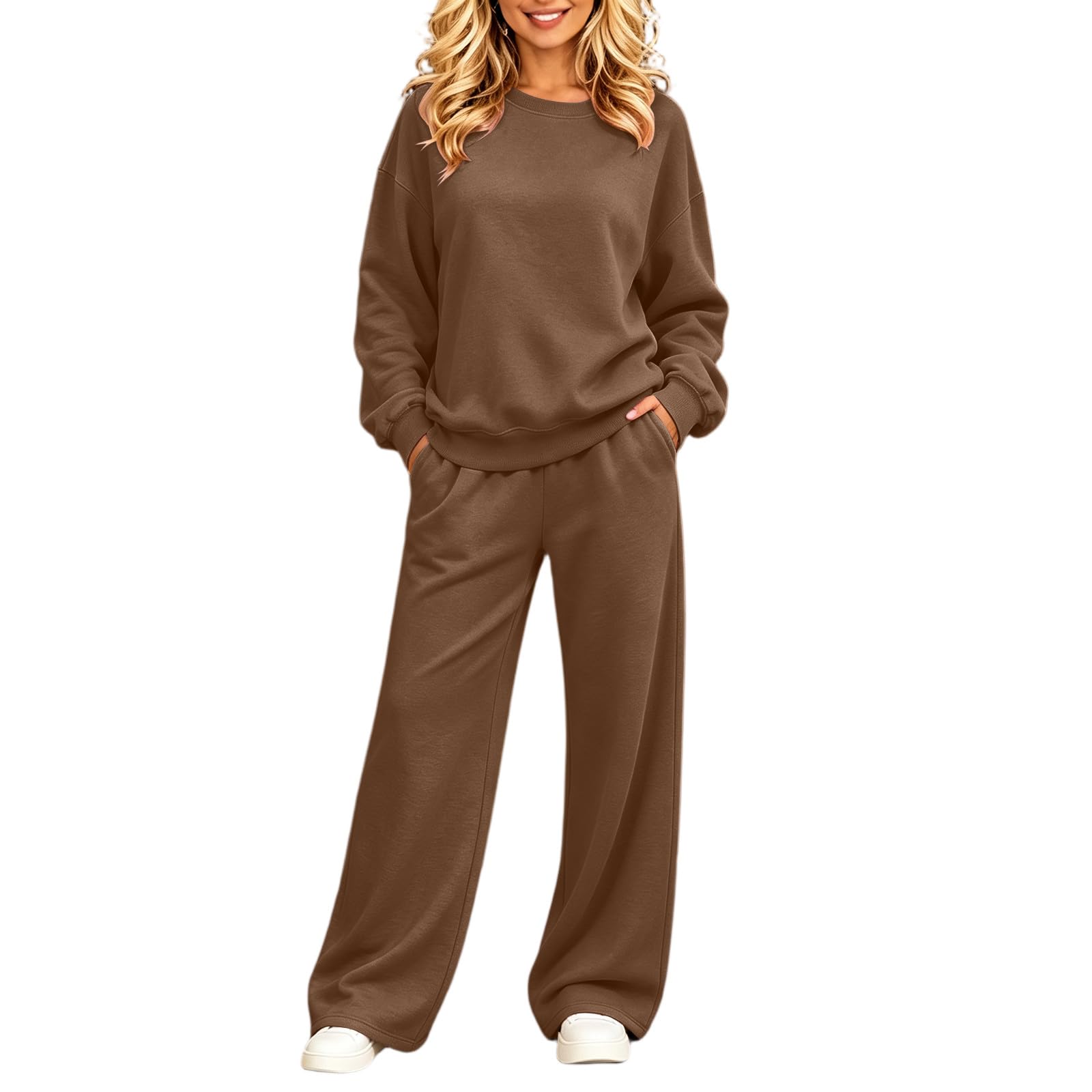 ASUIU Women's Matching Sweatsuit Sets Crewneck Sweatshirt and Pants Set | Womens Matching Sweat Set Wide Leg Sweatpants Long
