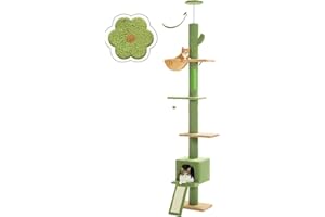 PEQULTI Cat Tree Floor to Ceiling,Cactus Tall Cat Tower, Adjustable Height (83''-108'') 5 Tiers Cat Climbing Tree for Indoor Cats with Cat Condo, Cat Scratching Post and Cat Ladder, Green