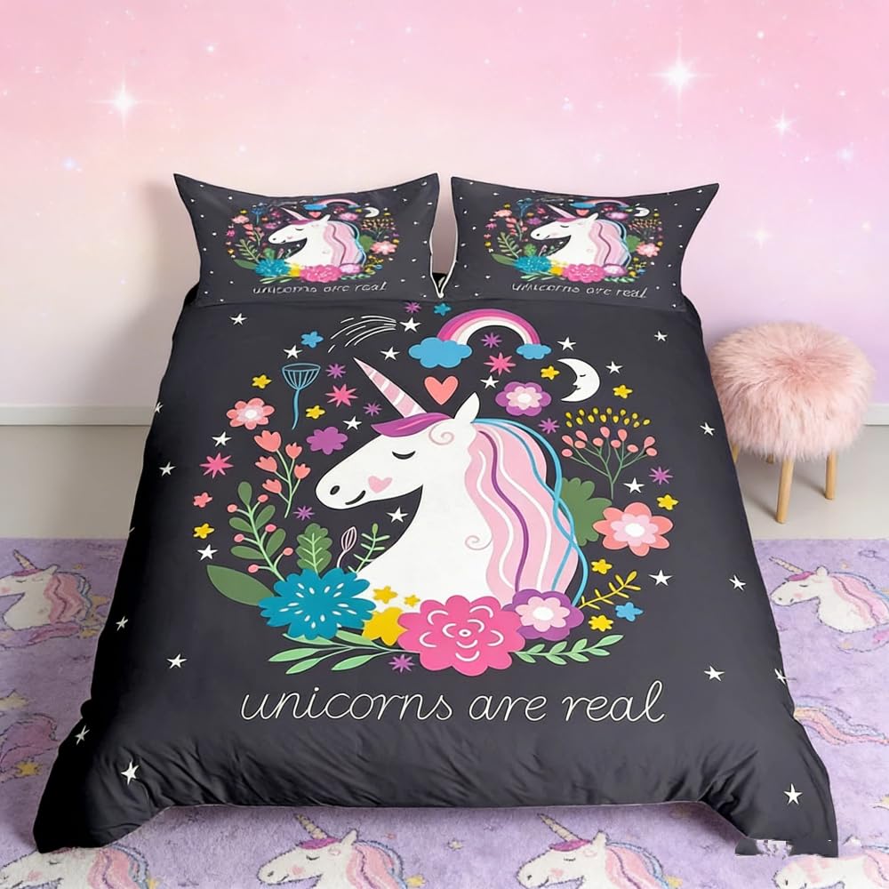 Loussiesd Unicorn Bedding Set for Girls Kids Teens, Cute Flower Cartoon Animal Unicorn Comforter Cover Pink Black, 2 Pcs Bedspread Cover Single Size (1 Duvet Cover +1 Pillowcases), Fantasy Decor