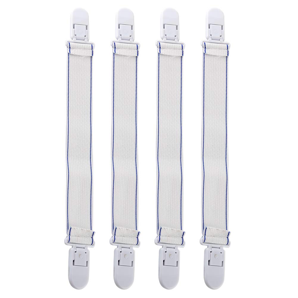 4Pcs Bed Sheet Clips, Bed Sheet Grippers, Adjustable Bed Sheet Holder Straps Bed Sheet Fasteners Elastic Cross Bed Sheet Clips for Thin Flat Sheet Mattress(White)