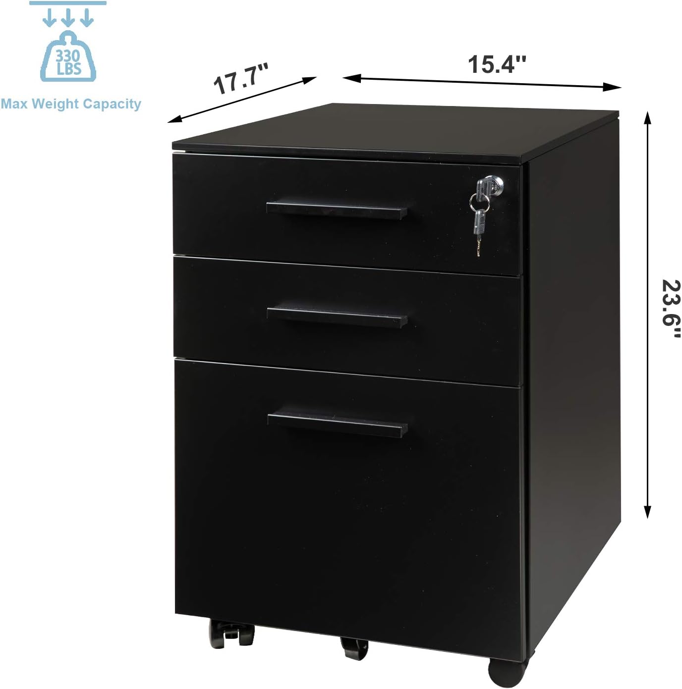 REYADE 3 Drawer Mobile File Cabinet, Metal Office Storage Cabinet with Lock and Handle, Under Desk Office Pedestal File Cabinet, Fully Assembled Except Wheels, Suitable for Legal/Letter/A4 File, Black: Kitchen & Dining