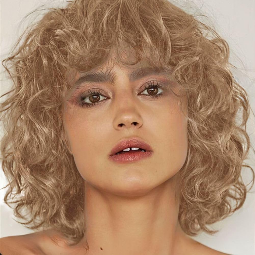 Photo 1 of Kaneles Short Blonde Curly Wigs for Women Shoulder Length Naturel Hair Wigs Natural Looking Bob Wig with Bangs Cosplay Daily Party Use(Blonde)