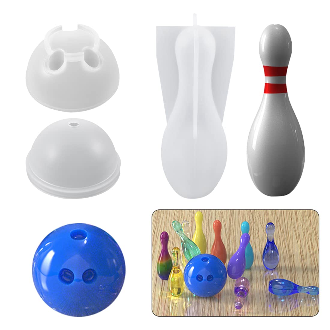 Voyyphixa 3D Bowling Resin Moulds Silicone, Bowling Pin with Ball Epoxy Casting Moulds, Hemisphere Mould DIY Casting Bowling Games Toys, Family Sport Tools, Candle Fondant Cake Decoration