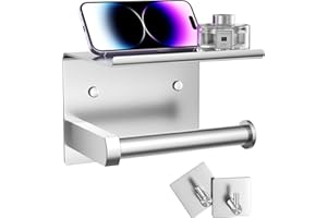 Tindbea Toilet Paper Holder with Phone Shelf + Towel Robe Hooks, Adhesive or Screw Wall Mounted Toilet Paper Roll Storage, Stainless Steel Bathroom Tissue Roll Holder (Brushed Nickel)
