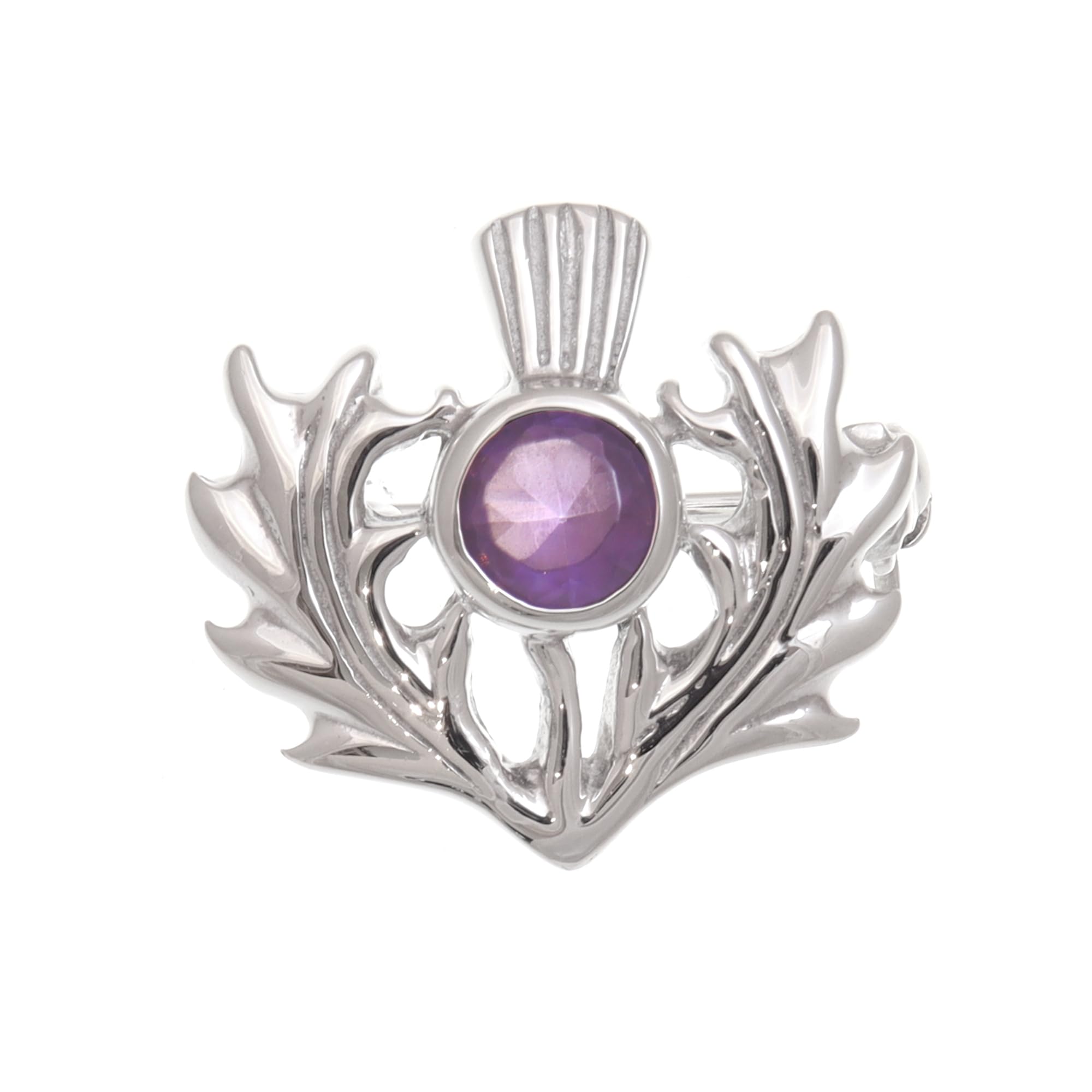 Alexander Castle Women's Small 925 Sterling Silver Scottish Thistle Brooch Pin with Purple Amethyst CZ Stone & Jewellery Gift Box - Scottish Gift for Women