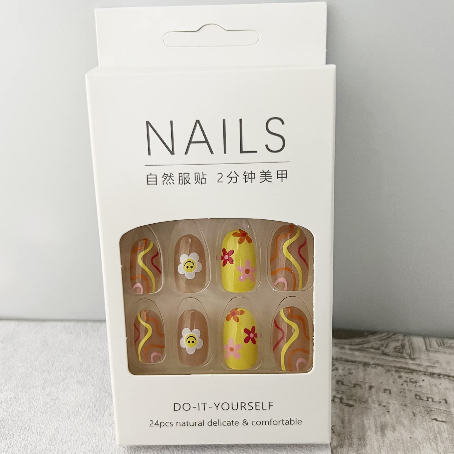 24 Pcs Flower Press on Nails, Almond French Tips Fake Nails Short, Sun Flower False Nails With Glue Stickers, Cute Acrylic Nails for Women and Girls - Image 6