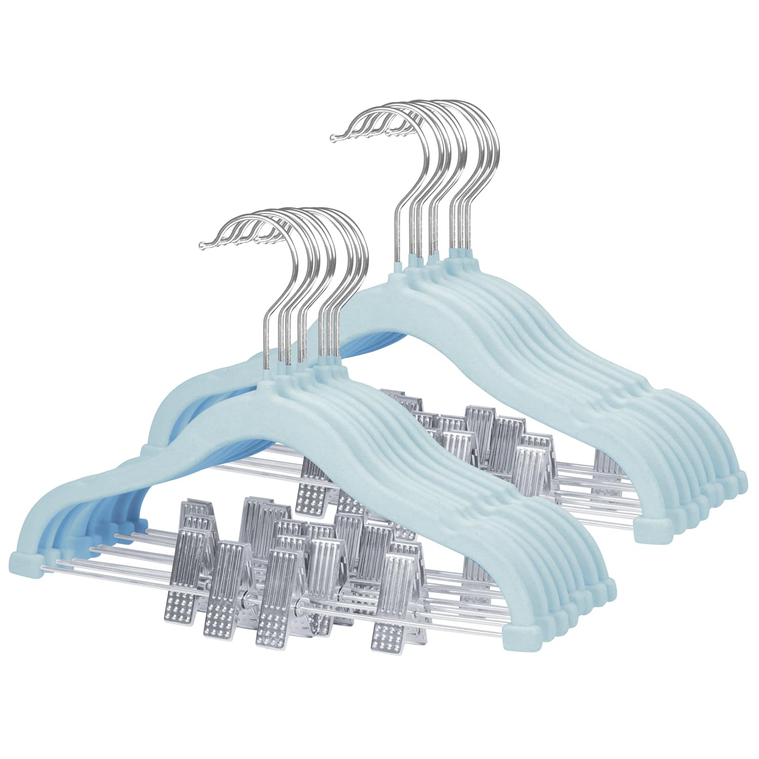 MangoKit 16 Pack Trouser Hangers with Movable Clips,Baby Velvet Hanger,Kids Clothes Hangers, Swivel Hook,Non Slip,Space-Saving Children's Coat Hangers for Skirts,Pants,Dresses,Jackets(30cm Blue)