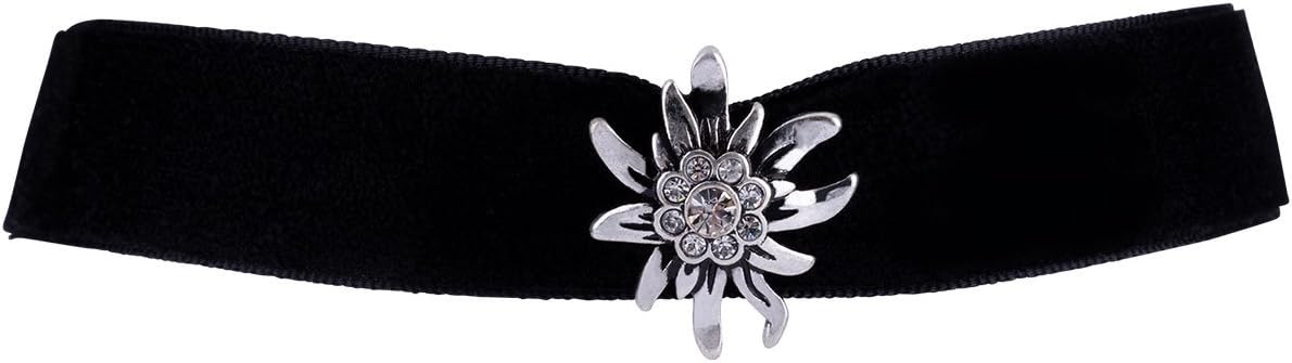 Velvet Choker in Black with Silver-Coloured Edelweiss Pendant and Rhinestones for Oktoberfest Dirndl (362-620)