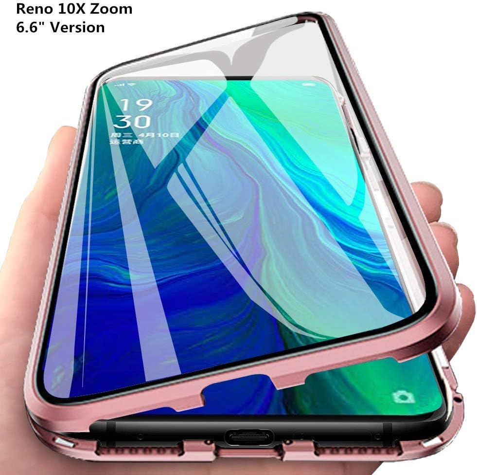 TENGMAO case for oppo reno, Ultra Thin Metal Frame Case Lightweight, Magnetic Adsorption Aluminum Alloy Flip Cover, 9H Tempered Glass Back Cover Phone Case