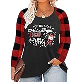 Plus Size Merry Christmas Shirts Women Xmas Buffalo Plaid Tree Shirt Long Oversized Graphic Tees Xmas Tops