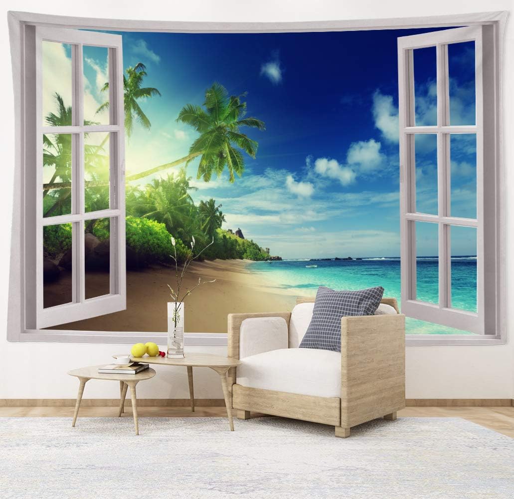 Cocior Home Sunrise Beach Tapestry Wall Hanging, Tropical Ocean Sea Coast Seashore Coconut Palm Trees Tapestry for Dorm Room, Bedroom,Living Room Wall Art Decor 91