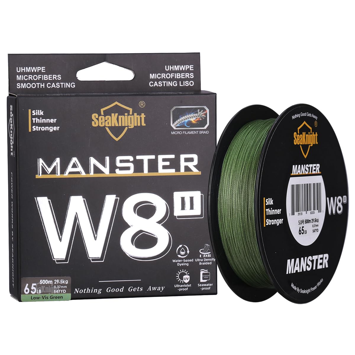Seaknight W8 II 8 Strands Braided Lines 500M Smooth PE Braid Multifilament Wire Carp Fishing Lines Double Coating UV-proof Saltwater-proof Fishing Line for Sea Fishing 15-100LB