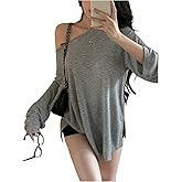 SweatyRocks Women's Oversized Off The Shoulder Tops Long Sleeve Summer Casual Split T Shirts