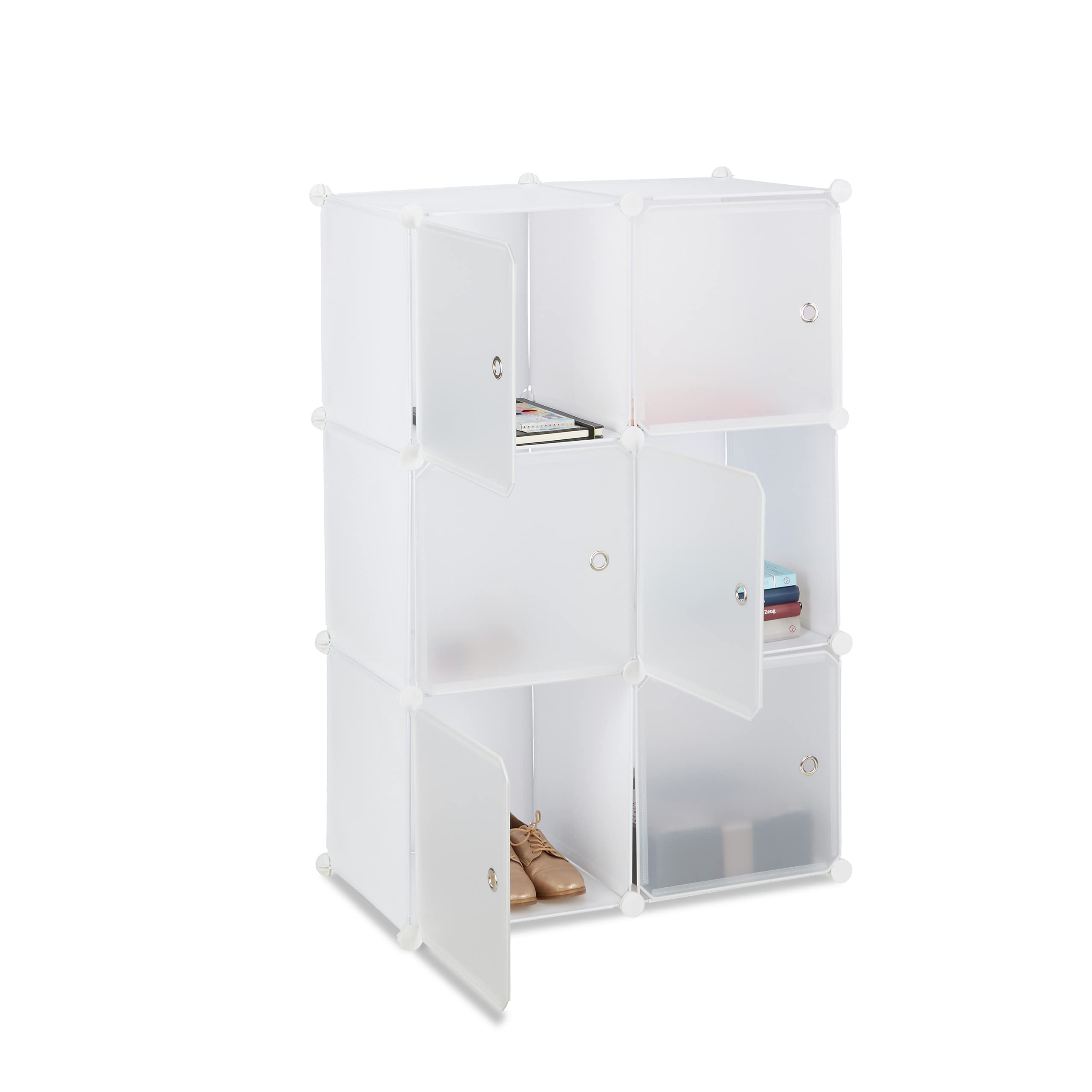 Relaxdays Shelving System with 6 Doors, DIY, Cubes, Handles, Partition, Plastic, HWD: 105x70x35 cm, White