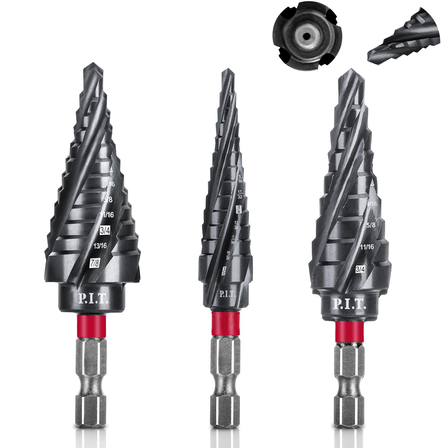 Photo 1 of P.I.T. M35 Cobalt Step Drill Bit for Metal (Pro Max), Spiral Flute Unibit Step Drill Bit 1/8"-7/8"(34 Step) Impact Ready Wear-Resistant TiAlN Coated,1/4" Hex Shank for Metal, Stainless Steel, Aluminum