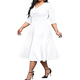 CLOCOR Women's Plus Size Midi Dress 3/4 Sleeve A-Line Swing Dress V Neck Flowy Casual Dresses