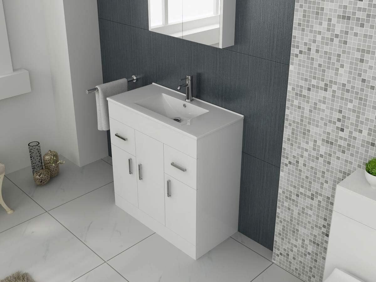 VeeBath VUMW100 Sphinx High Gloss White Free Standing Basin Vanity Cabinet Unit & Rectangular Sink - 1000mm - Image 3