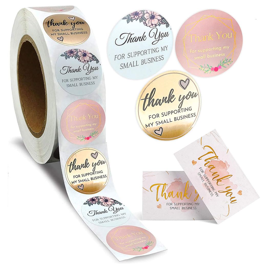 550PCS Thank You Business Card, 50PCS Gold Foil Thank You for Supporting My Small Business Cards 500PCS 1.5” Thank You Stickers (Pink)