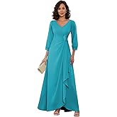 Women's 3/4 Sleeve Mother of The Bride Dresses Long Ruched Chiffon Formal Evening Party Gown with Ruffles