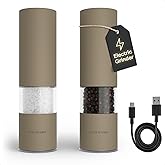 LARS NYSØM Electric Salt and Pepper Grinder Set I Automatic Salt and Pepper Mills with Adjustable Ceramic Grinder I USB Rechargeable Electric Spice Mill Set with LED Light (Taupe Brown)