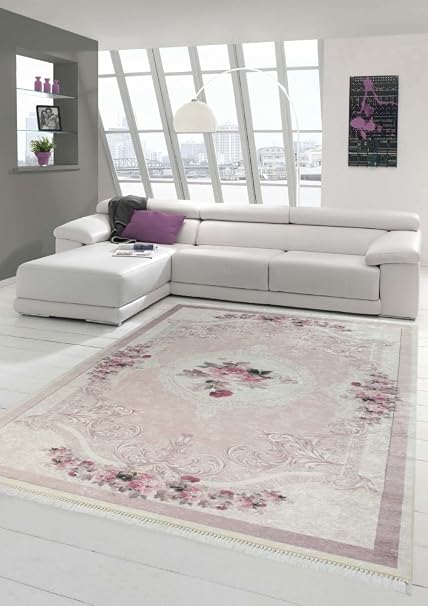 Merinos Teppich Blumen Wohnzimmerteppich Waschbar In Rosa Creme