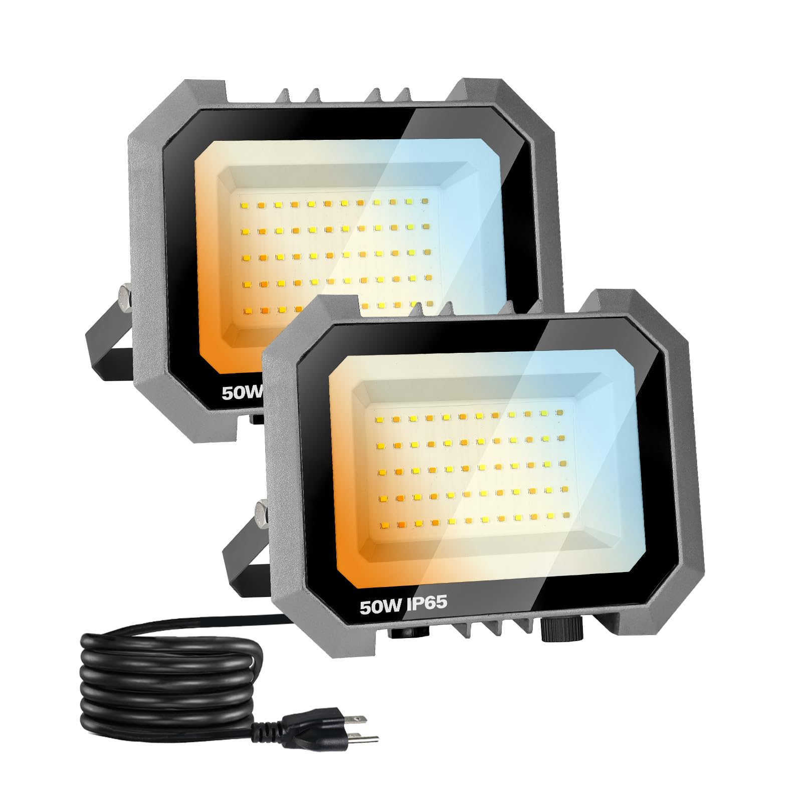 Photo 1 of Leddictive 2 Pack 50W LED Flood Lights Outdoor, 3CCT 3000/4000/6000K Selectable 5000LM Floodlight Outside Work Light with 5.9FT Plug, IP65 Waterproof LED Flood Light for Garage, Yard, Lawn, Garden