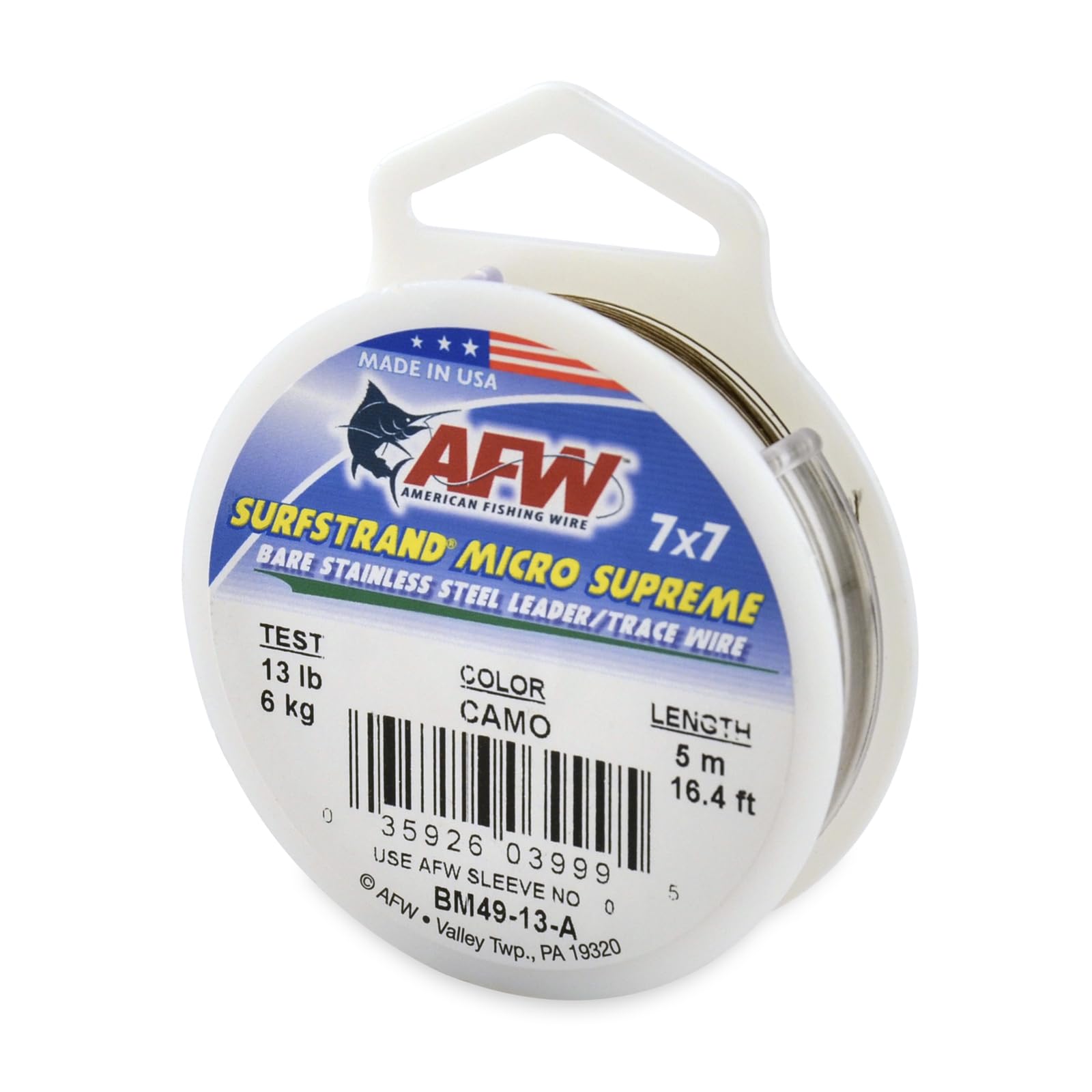 American Fishing Wire Surfstrand Micro Supreme, Bare 7x7 Stainless Steel Leader Wire, 13 lb Test, 0.009" Diameter, Camo, 5m
