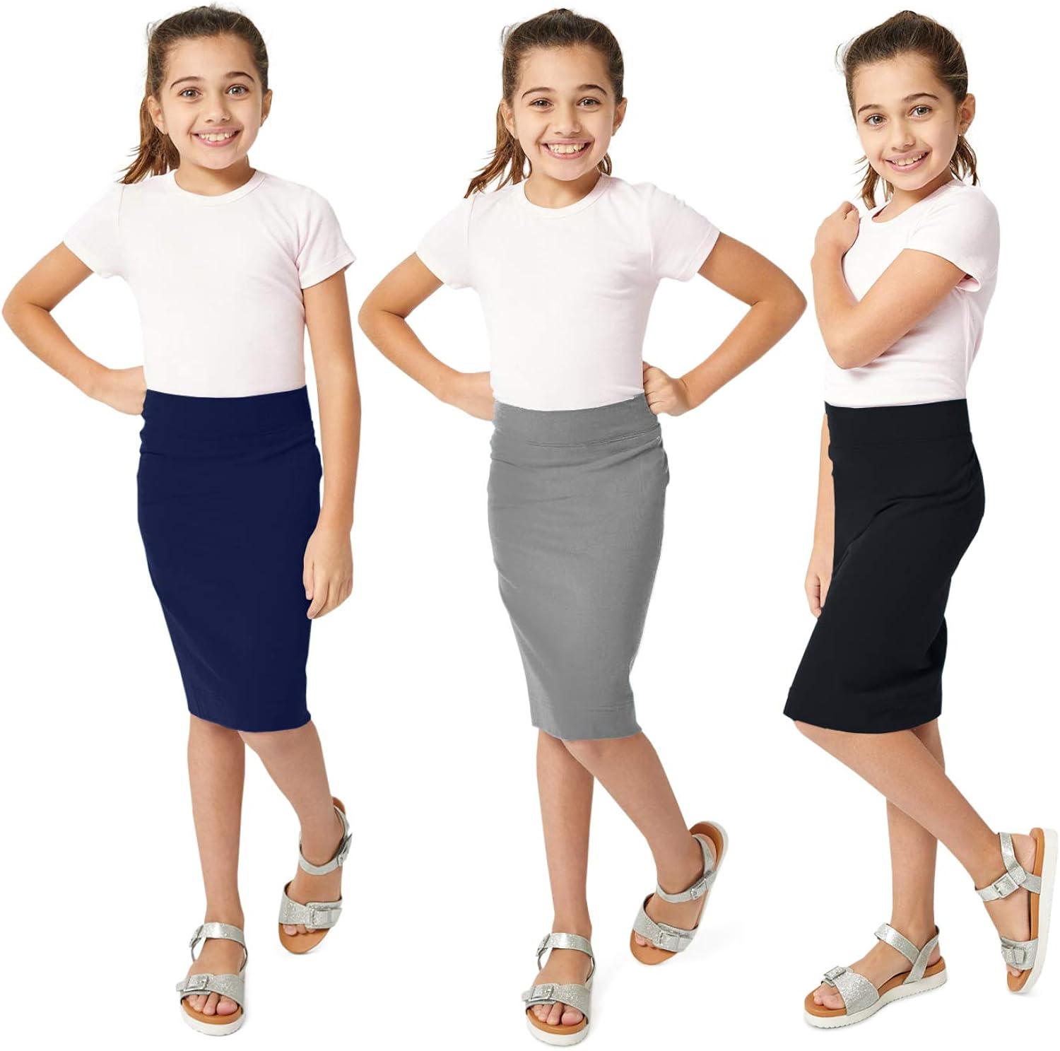 KIDPIK 3-Pack Pencil Skirts - Knee Length Skirt for Girls 4 Years & Up - Comfy Modest Clothing - 3 Colors/Set -: Clothing