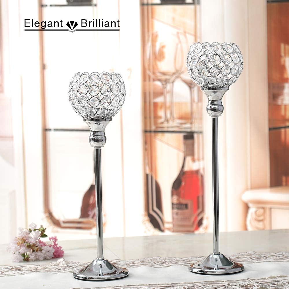 VINCIGANT Modern Silver Crystal Candle Holders/Decorative Candle Lanterns for Anniversary Celebration,Dining Room Coffee Table Decorative Centerpiece/Housewarming Gifts,Set of 2: Home & Kitchen