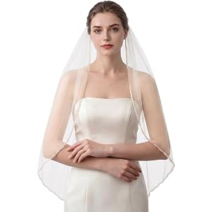 INVGEEXI Wedding Veil with Pearls and Crystals Beaded Edge, 1 Tier Soft & Lightweight Bridal Veils for Women Wedding