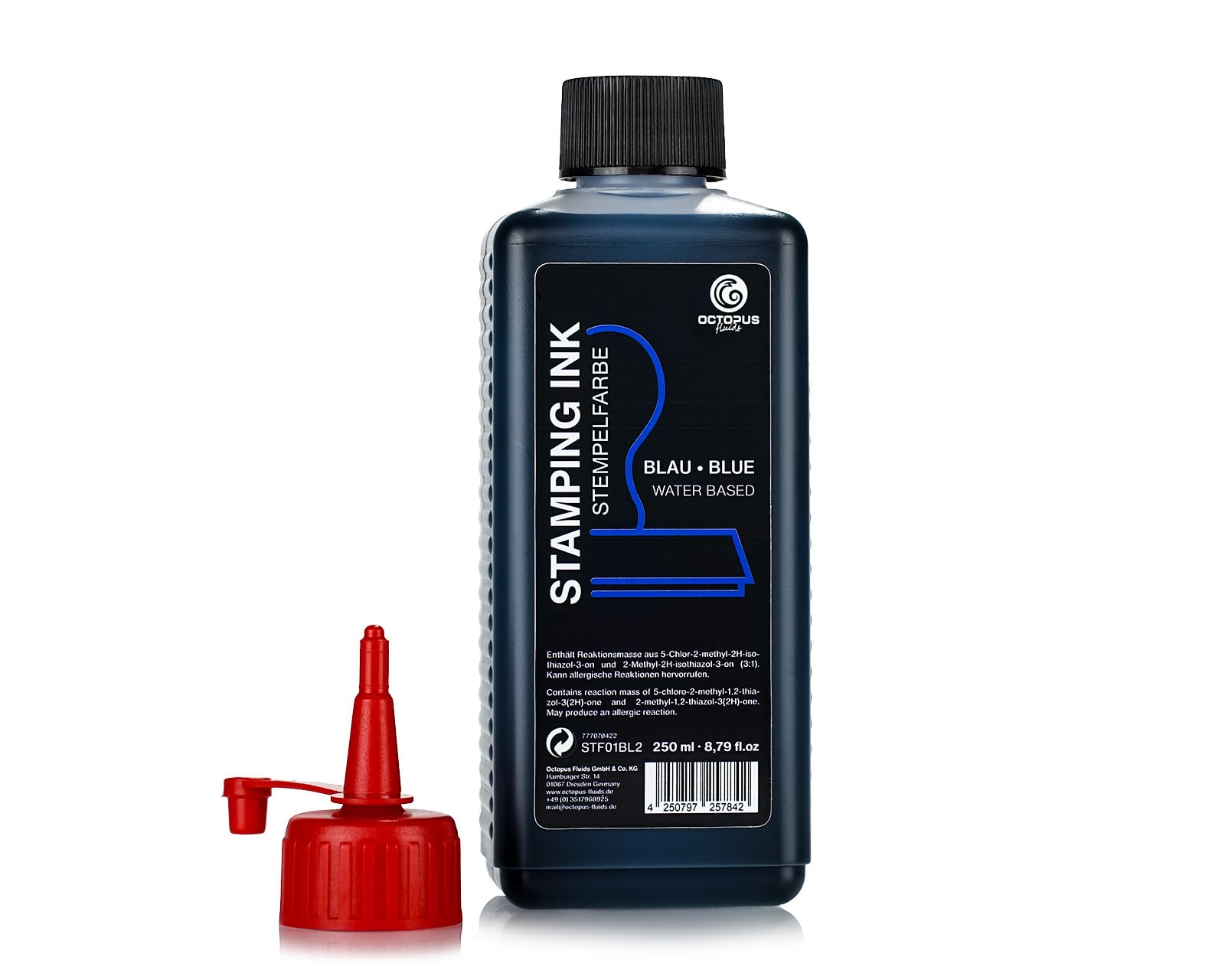 Octopus Stamping Ink, Refillable, Blue, 250ml, No Oil, For Rubber & Polymer Stamps, Stamp Pads & Machines