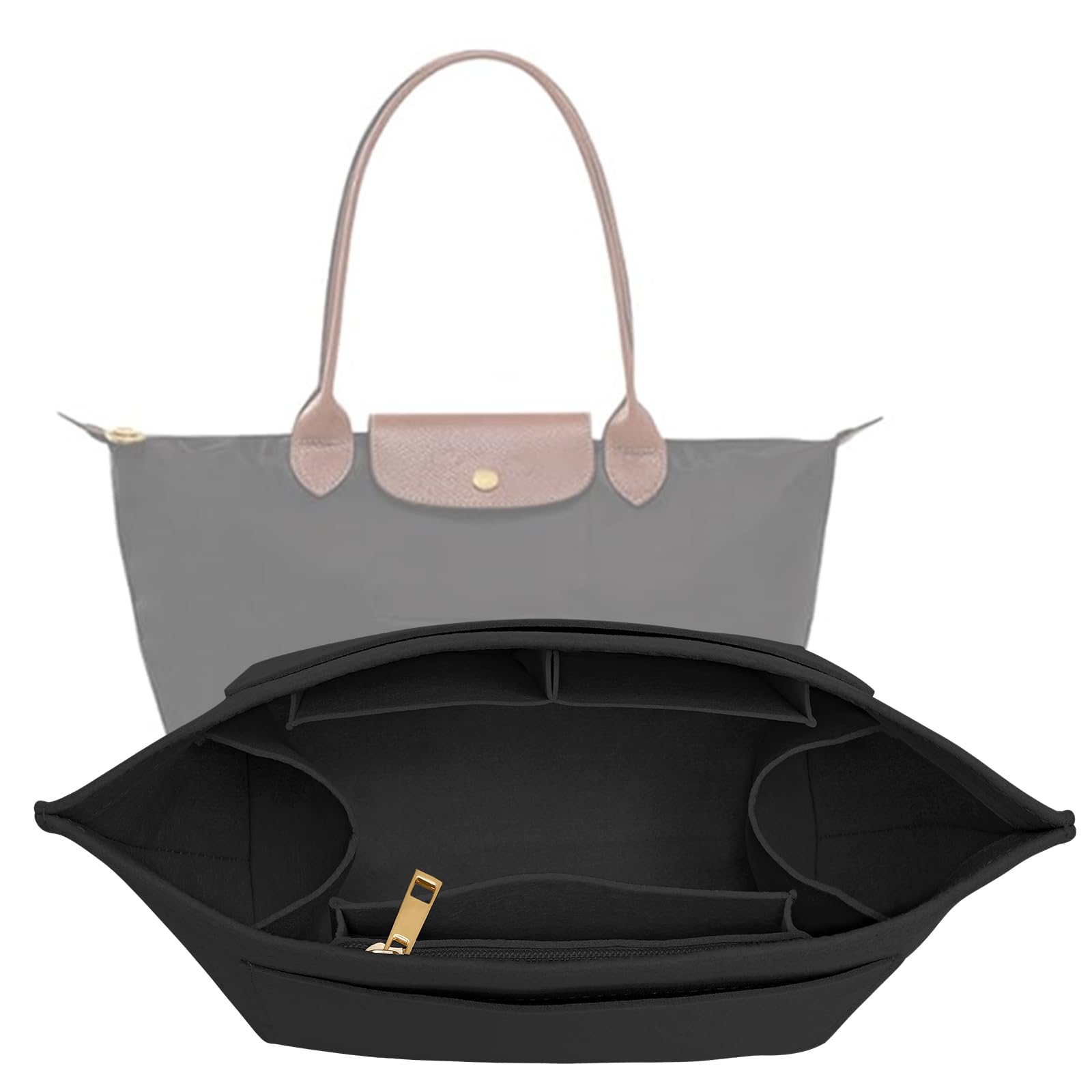 Photo 1 of LOUKAYCCI Purse Organizer Insert for Longchamp Le Pliage M Handbag Insert Felt Long Champ Tote Bag Organizer Insert with Cup (Black, Medium)