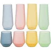 48 Pack Ribbed Origami Ripple Plastic Glasses 24 9oz Stemless Champagne Flutes & 24 12oz Cups BPA-Free, Disposable, Shatterproof Drinkware for Weddings, Bars, Events (Color Collection Ribbed)