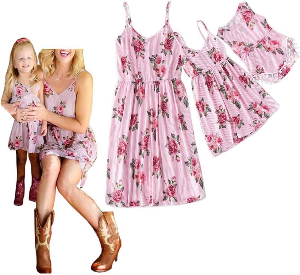 Mommy and Me Leaf Print Sleeveless Vintage Dresses Family Matching Spaghetti Straps Party Beach Maxi Cami Dress