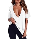 Tankaneo Womens Sexy Deep V Neck T-Shirts Summer Short Sleeve Tops Casual Loose Fit Basic Tees