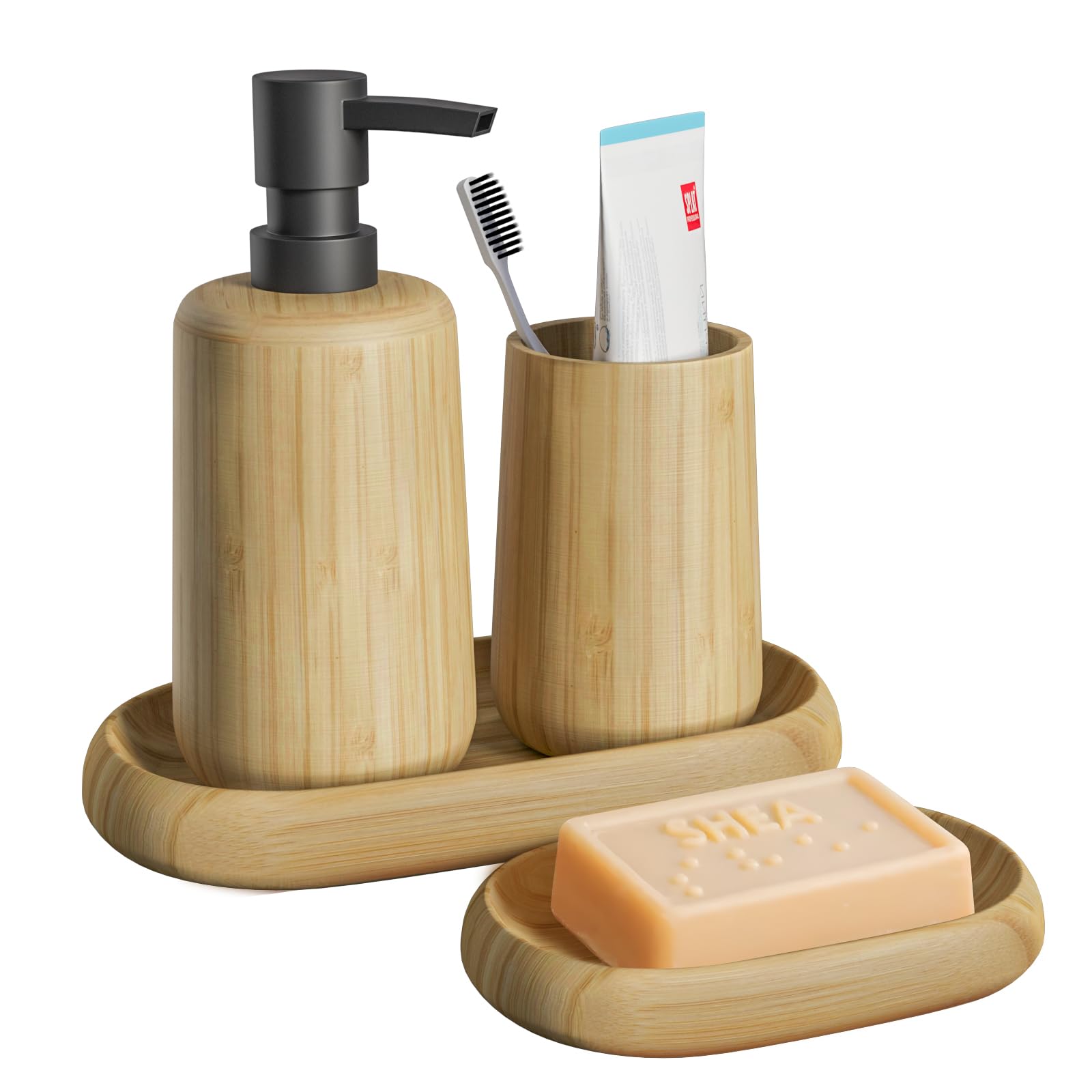 Asashizen Bathroom Accessory Sets, 4PCS Retro Bamboo - Soap Dish, Soap Dispenser, Tray, Mouthwash Cup