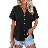 TICTICMISS Womens Short Sleeve Button Down Tops Dressy Casual V Neck Summer Shirts Trendy Tees