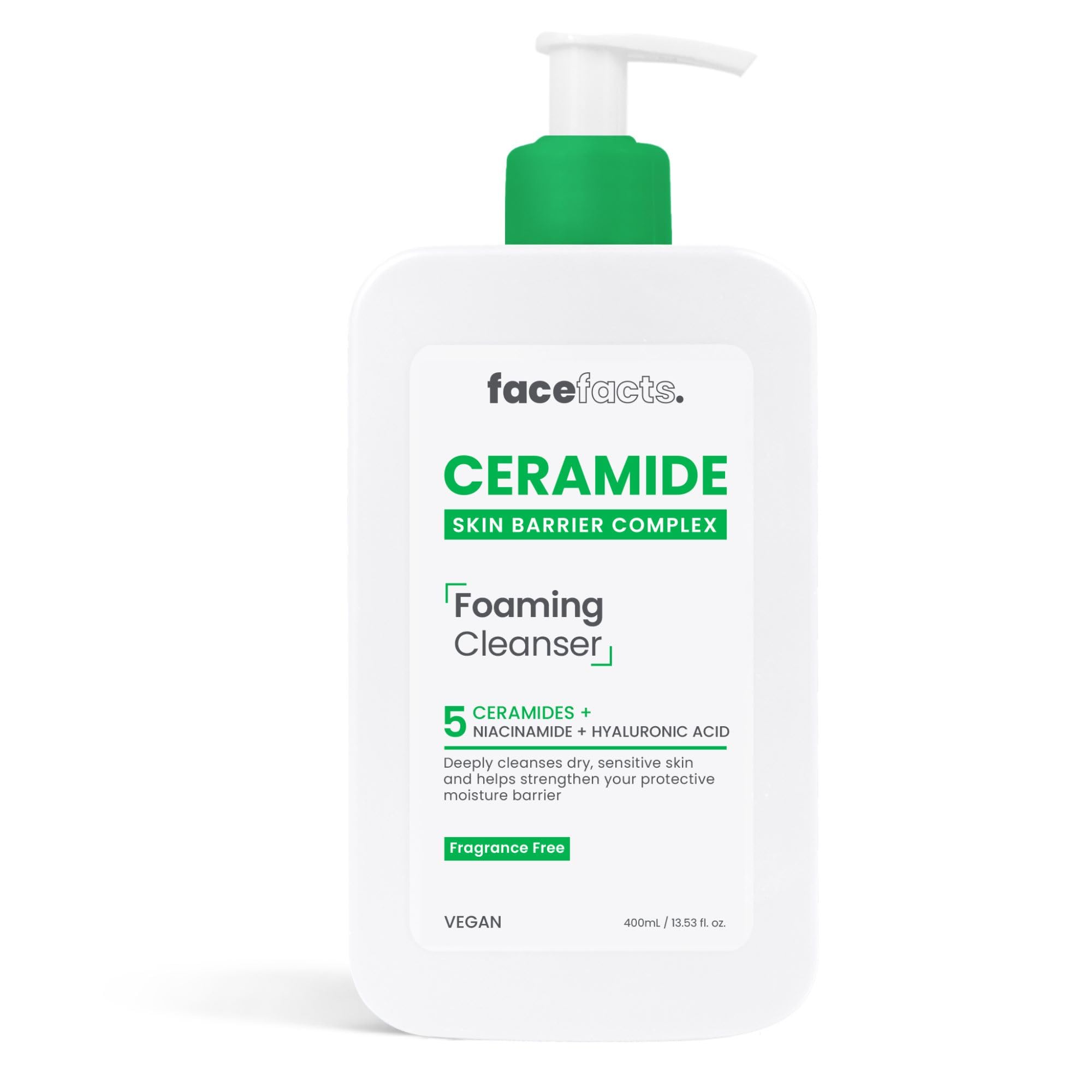 Face Facts Ceramide Foaming Cleanser; Deep cleanses, strengthens, 5 Ceramides plus Niacinamide, moisture locking Hyaluronic Acid; Helps strengthen protective skin barrier; Fragrance free; 400ml