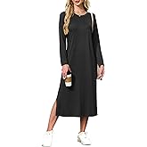 MISFAY Women Long Sleeve Midi Dresses 2025 Fall Side Slit Casual Crewneck Loose Long T Shirts Dress with Pockets