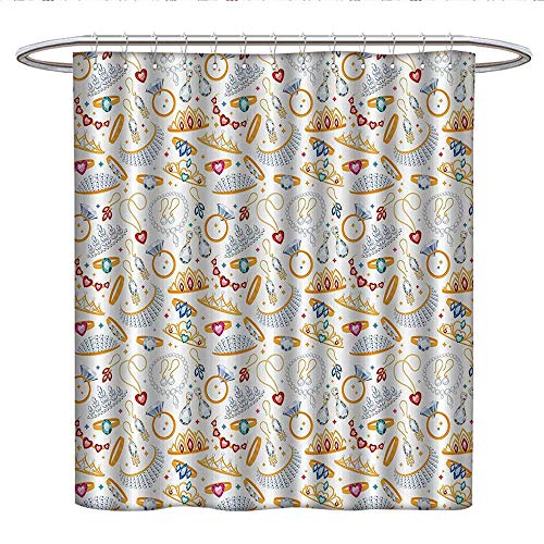 Anshesix Pearls Decor Collectionfabric Shower curtainPattern with Jewelry Accessories Diamond Rings Tiara Earring Necklace Stones ImagePleated Shower curtainWhite Yellow