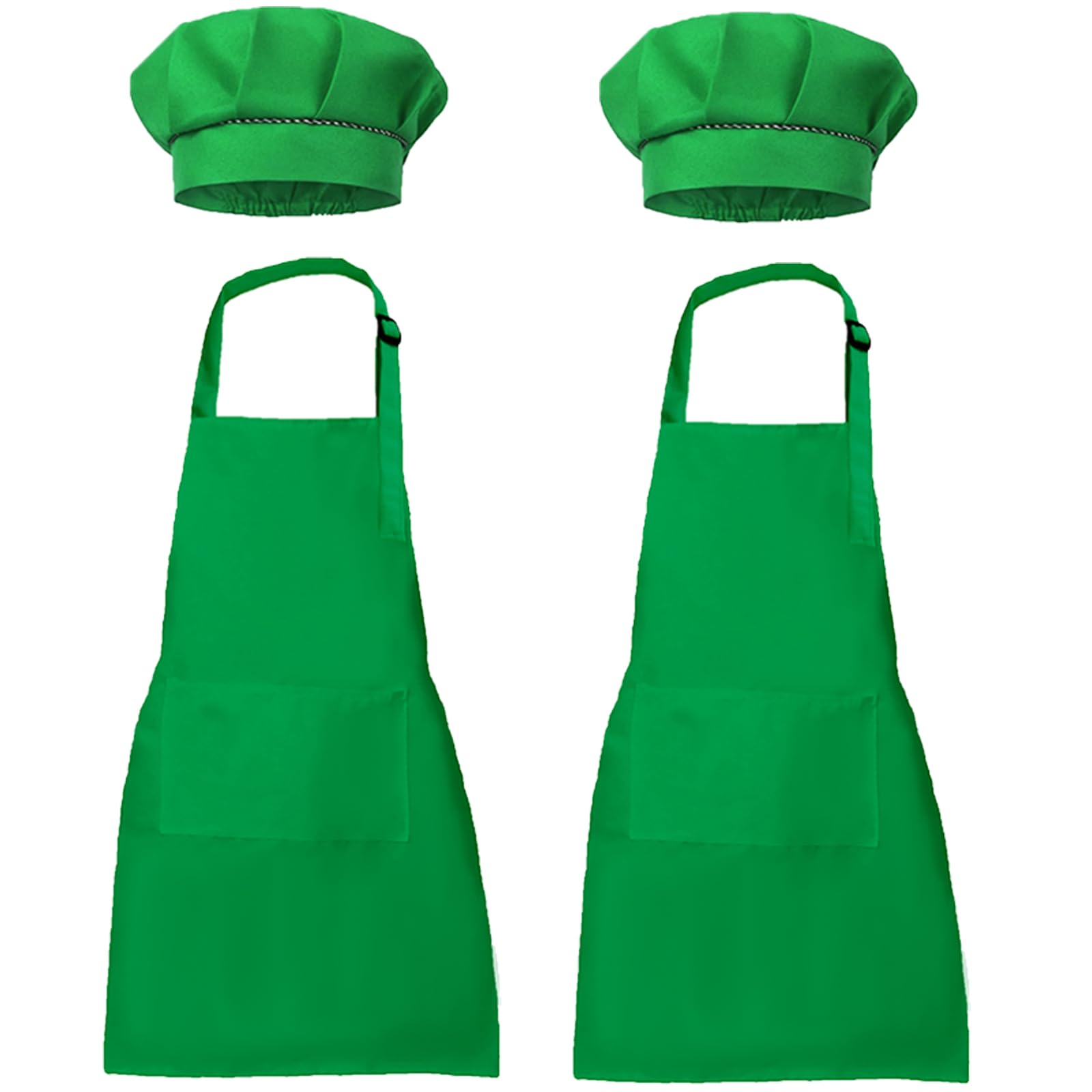 XIEJINJIA 2 Set Kids Apron and Chef Hat Child Waterproof Aprons Adjustable with 2 Pockets for Boys Girls Cooking Classroom Baking Painting Green