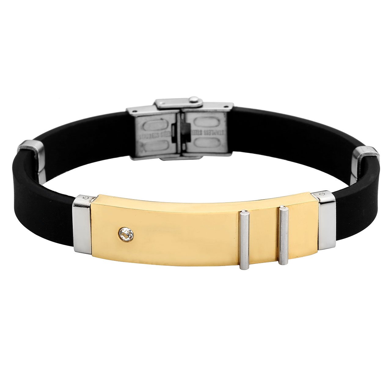 PiercingJ Paare Armband Set 2x Edelstahl Zirkon Gummi Kautschuk Klassische Armband Armreifen Manschette für Herren Damen Punk Biker mit 1x Geschenk-box, silber/gold/schwarz