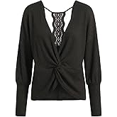CUPSHE Womens Long Sleeve Crewneck Blouse Sexy Back Lace Ribbed Knit Tops