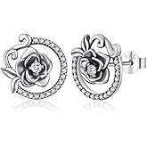 GW Rose Earrings Stud 925 Sterling Silver Brass Rose Flower Stud Cubic Zirconia Jewelry for Women