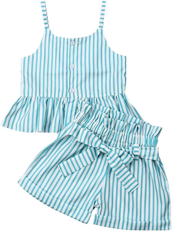 Infant Baby Girls Summer Outfits Halter Button Ruffled Camisole Tank Tops + Bowknot Shorts Striped Casual Clothes Set 2Pcs