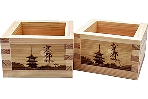 TOKYO ART Japanese Wooden Sake Masu Cups (Set of 2) with Japanese Lucky Artwork, Square Sake Boxes - Crafted from Japanese hi