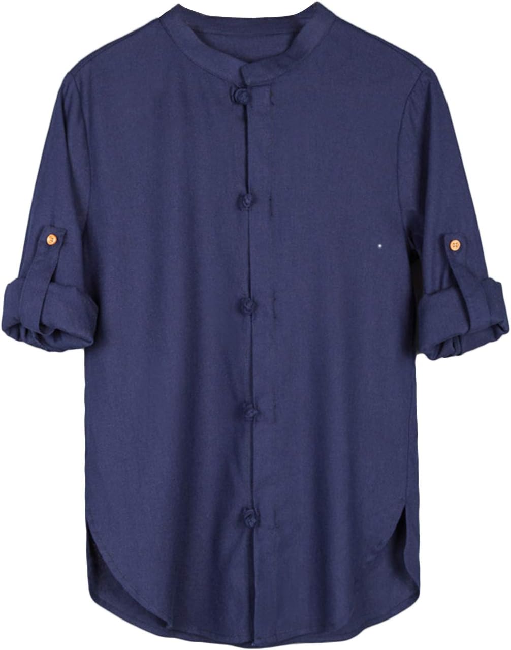 Lentta Men's Frog Button Rolled Short Sleeve Tang Linen Shirts Blouse