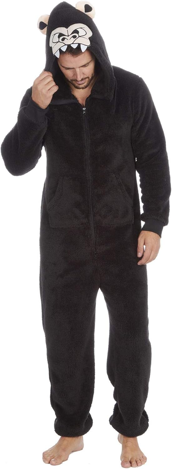 Evotex Trading Mens All in One Fleece Gorilla Snuggle Onesie Jumpsuit Pyjamas with Hood Black